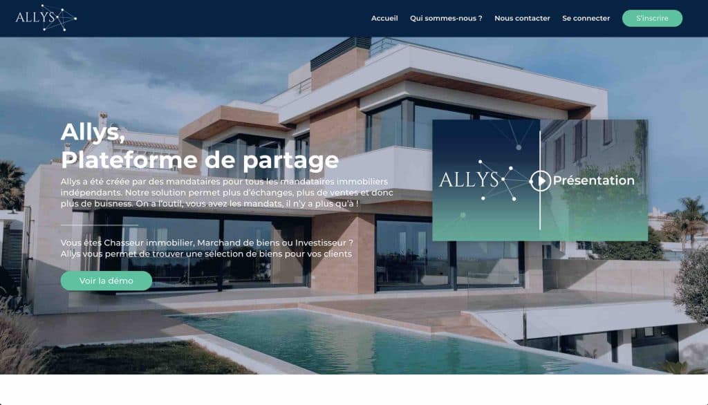 Aperçu de la plateforme Allys : interface épurée, espace d'annonces partagées, recherche filtrée et outils collaboratifs pour mandataires immobiliers.